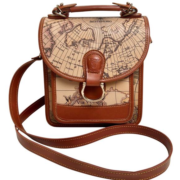 Anthropologie Taurus Leather Handbag Brown Map Print Top Handle - Picture 1 of 9